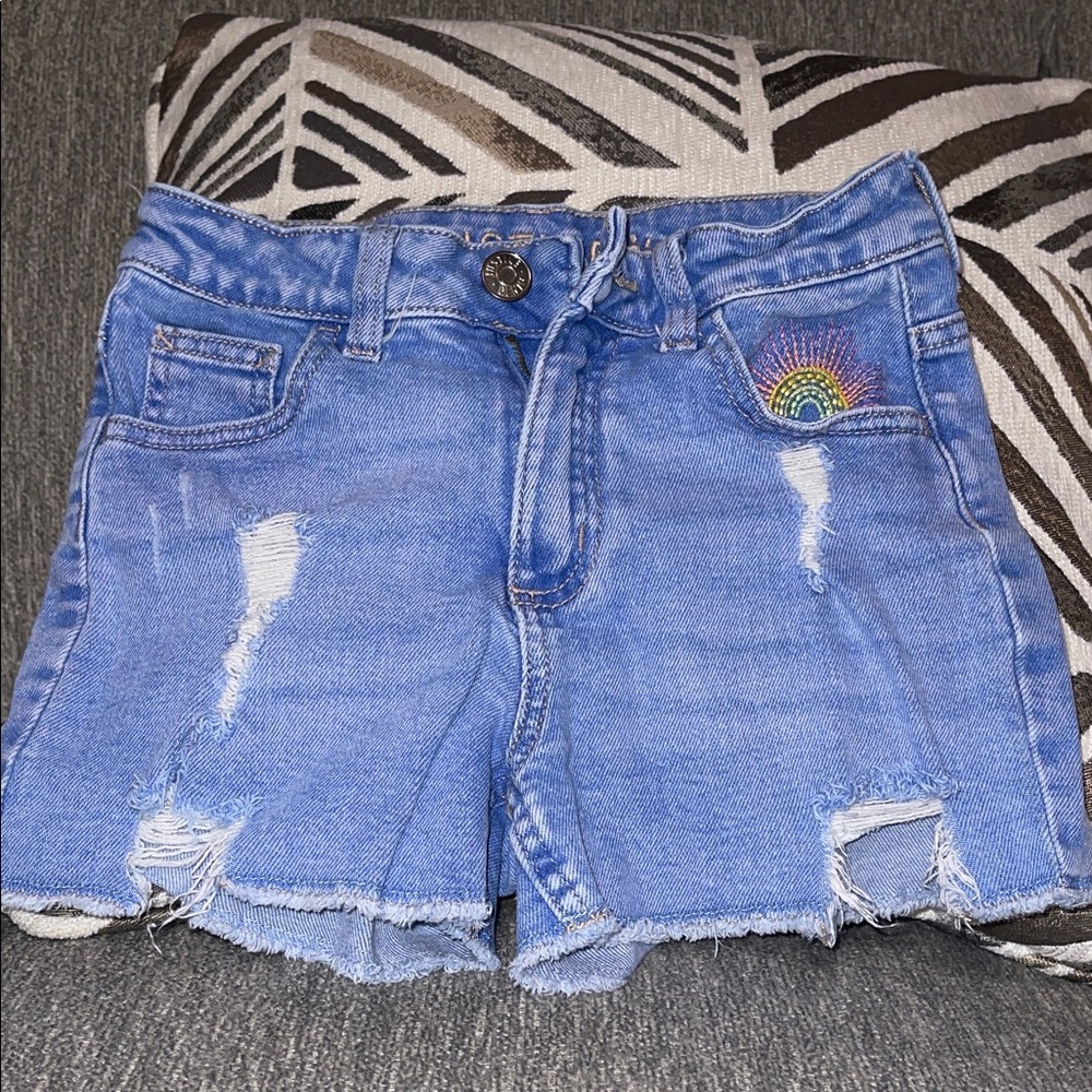 Justice Blue Denim Kids Shorts with Rainbow Embroidery
